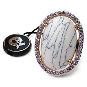 24K Heavy Gold-Plated Bronze Oval White Marble with Black Decorative Veins 0071